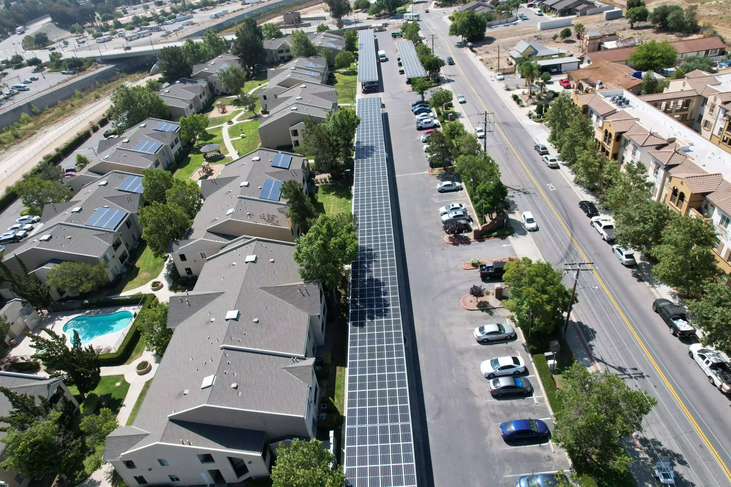 solar canopies installed about a large area